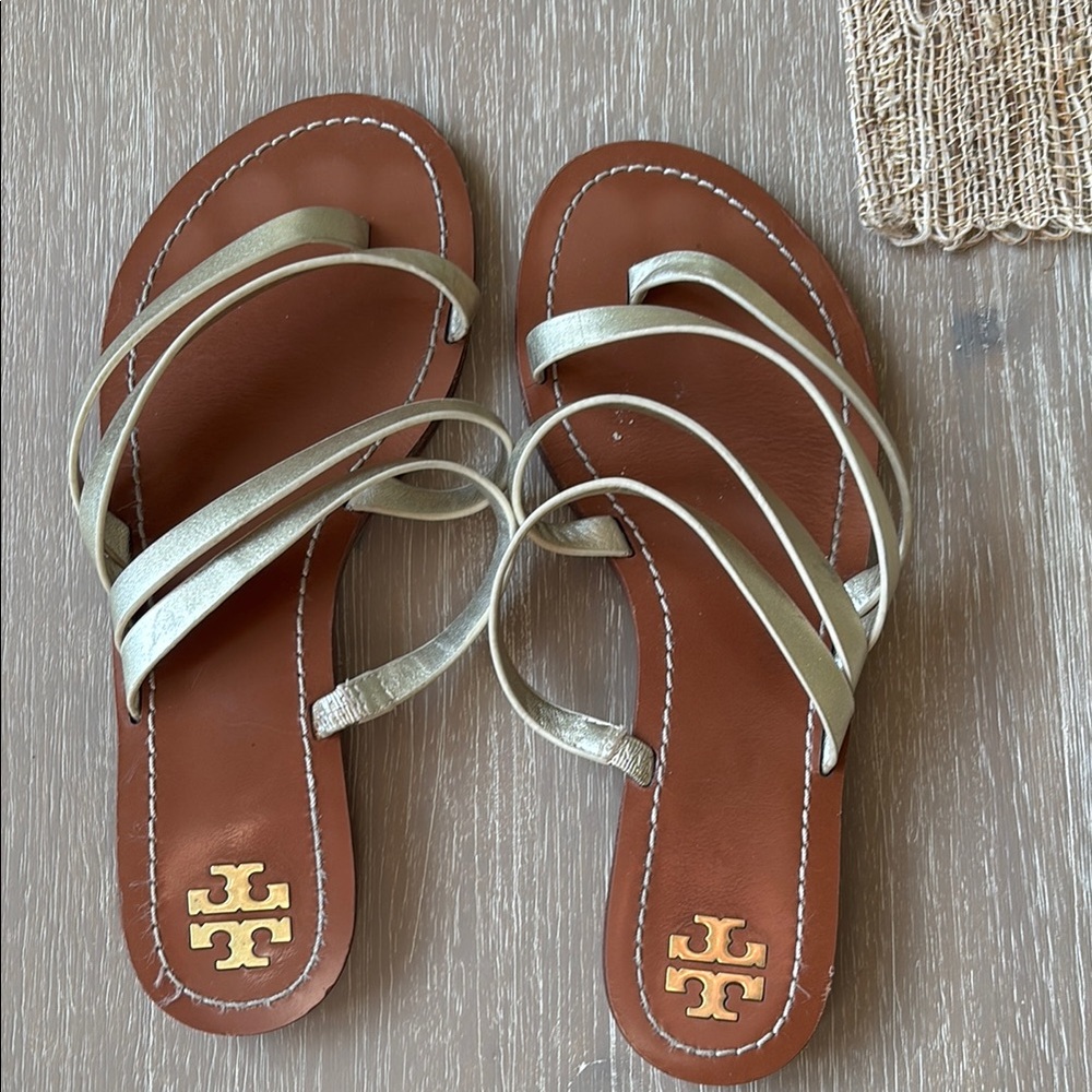 Tory Burch Gold Sandals with Metallic Logo and Minimalist Design